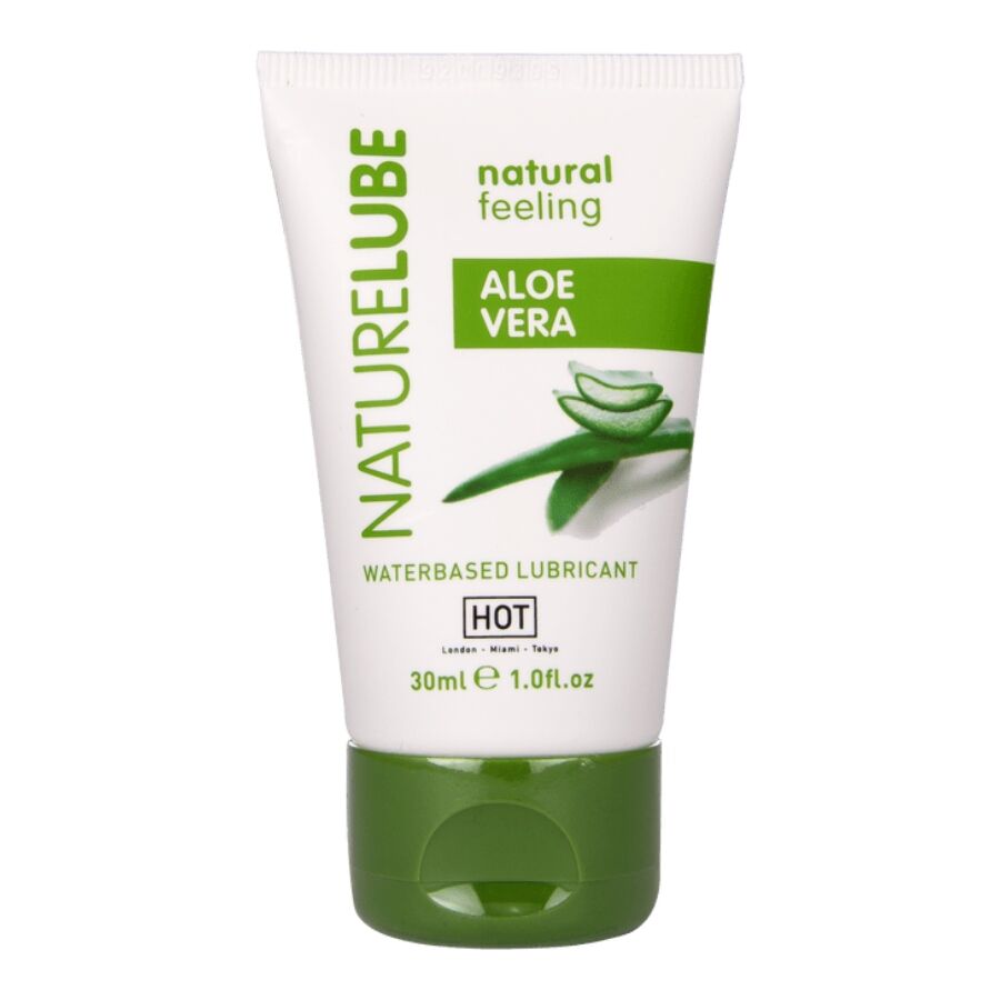Tube Naturelube Aloe Vera lubrifiant base eau HOT 30 ml de face, bouchon vert et visuel aloe vera, lubrifiant sensation naturelle pour la peau.