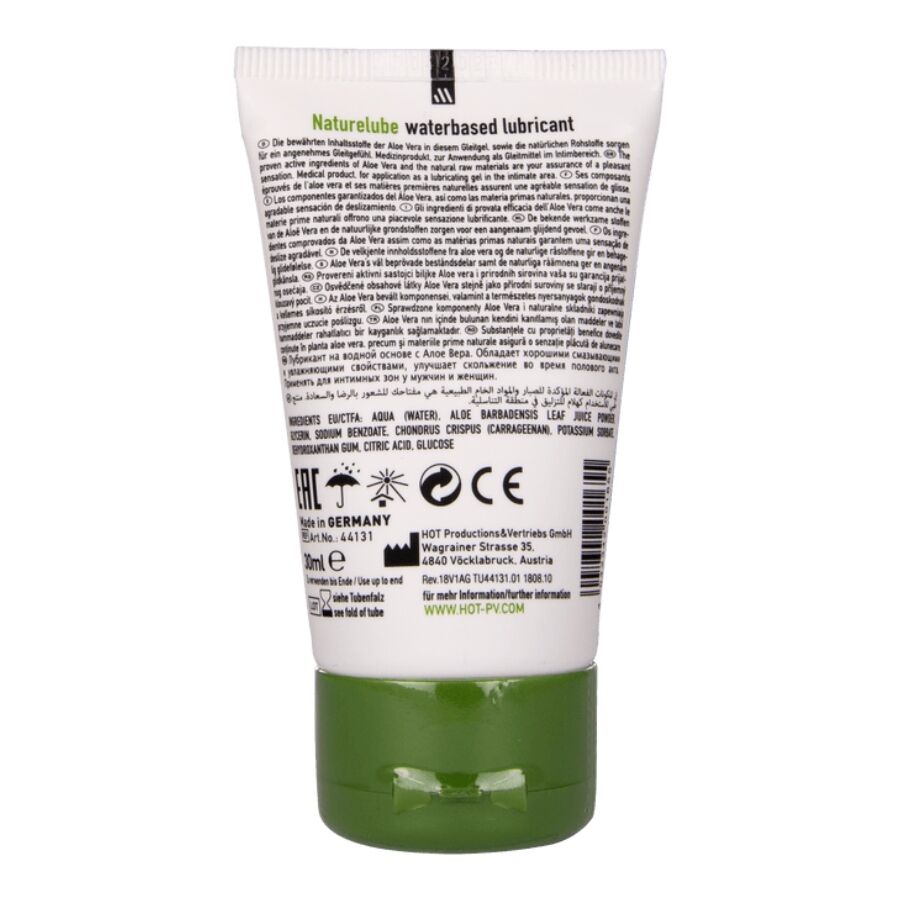 Verso du tube Naturelube Aloe Vera lubrifiant base eau, etiquette grise avec ingredients et pictogrammes, lubrifiant a la glisse douce et soyeuse.