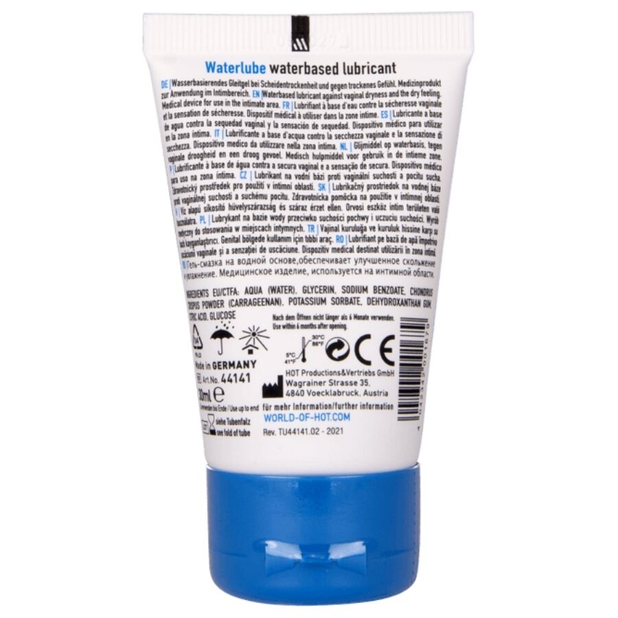 Verso du tube Waterlube 30 ml Hot avec notice multilingue et ingredients, lubrifiant base eau format voyage facile a rincer sans residu.
