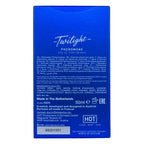 Dos de la boite bleue Twilight Pheromone Men 50 ml, notice multilingue et liste ingredients, emballage du parfum homme aux pheromones made in Netherlands.