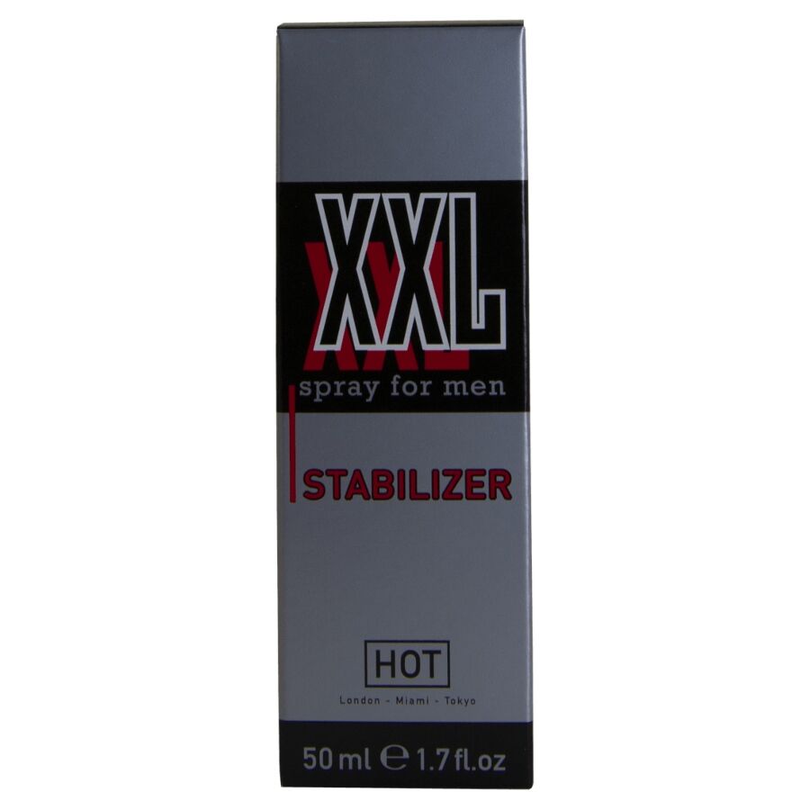 Boite face du spray XXL Stabilizer pour hommes de la marque HOT, format 50 ml, enrichi ginkgo ginseng et aloe vera, design gris et rouge en gros plan vertical.