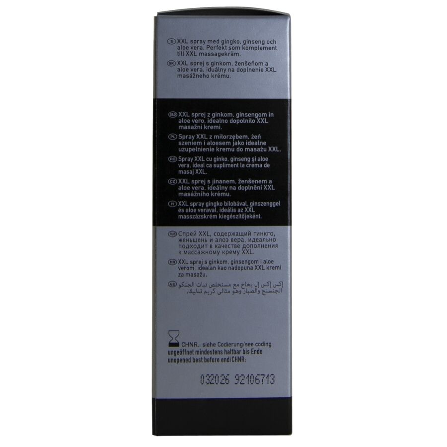 Cote de la boite du spray XXL HOT homme, ingredients et instructions en plusieurs langues sur carton gris, format 50 ml au ginkgo, prise de vue verticale.
