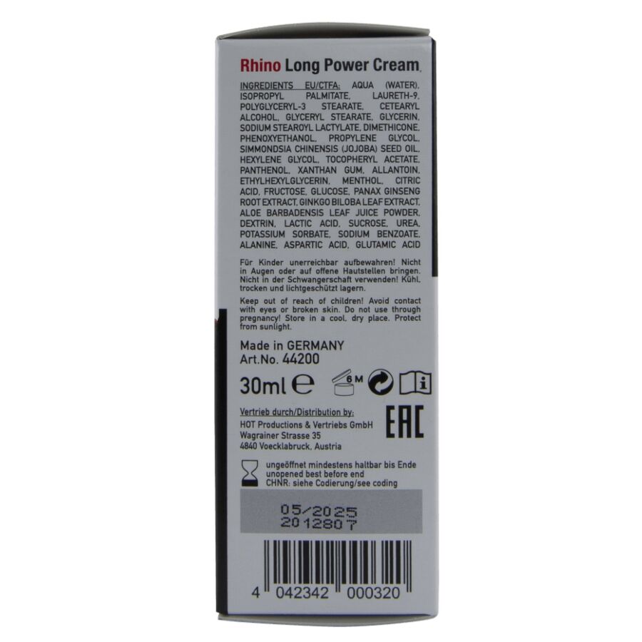 Dos de la boite creme Rhino Long Power HOT, ingredients et drug facts imprimes sur carton gris, format 30 ml, notice detaillee, vue de face verticale.
