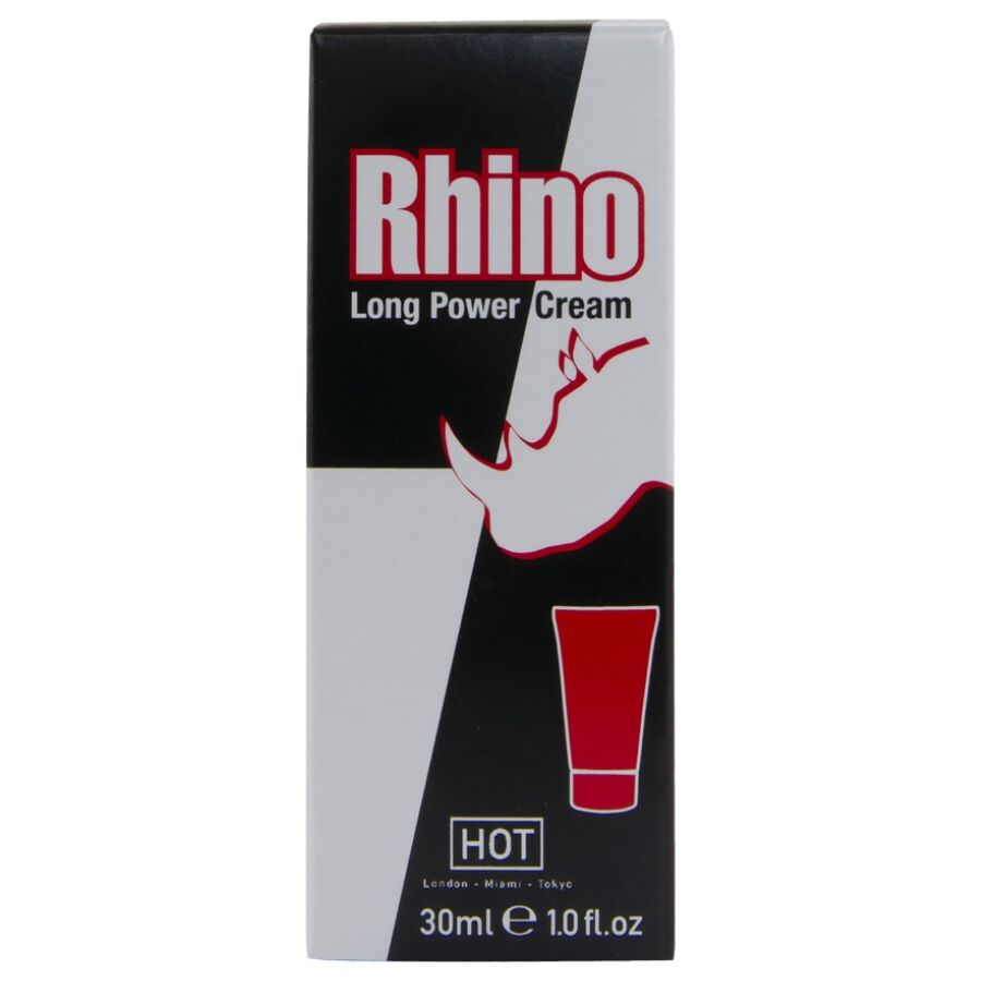 Boite noire et blanche de la creme retardante Rhino Long Power HOT pour homme, format 30 ml, logo rhinoceros et tube rouge dessine, vue de face.