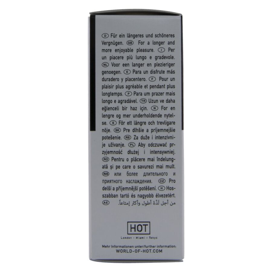 Tranche de la boite creme Rhino HOT, notice d'utilisation multilingue numerotee sur carton gris, format 30 ml, embout retardant, vue verticale rapprochee.