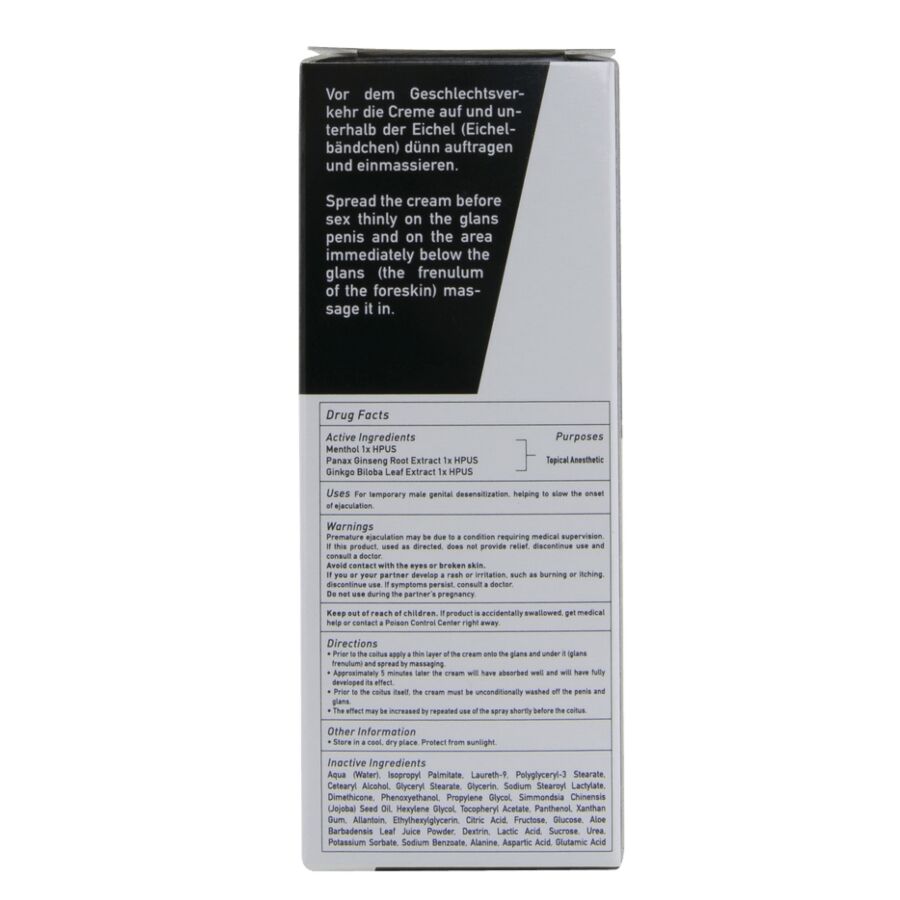Cote de la boite creme Rhino Long Power HOT, instructions d'application en anglais sur carton gris, format 30 ml, prise de vue verticale sur fond blanc.