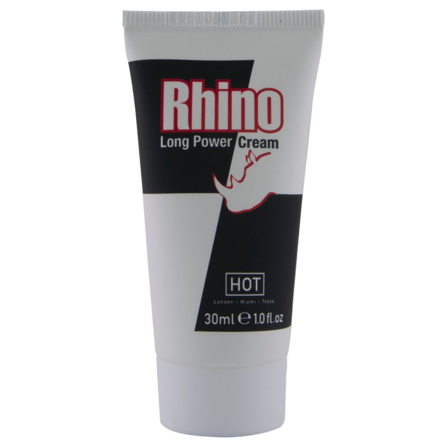 Tube blanc de la creme retardante Rhino Long Power HOT pour homme au ginkgo, format 30 ml, lettrage noir et rouge, vue de face sur fond blanc.