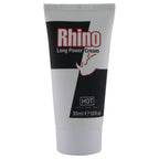 Tube blanc de la creme retardante Rhino Long Power HOT pour homme au ginkgo, format 30 ml, lettrage noir et rouge, vue de face sur fond blanc.