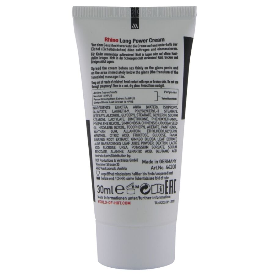 Dos du tube de creme Rhino Long Power HOT, ingredients et mode d'emploi imprimes en gris, format 30 ml, embout blanc, prise de vue verticale rapprochee.