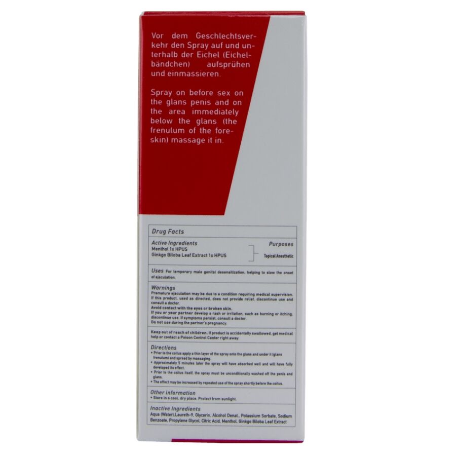 Cote de la boite spray Rhino HOT, mode d'emploi et drug facts en anglais sur carton blanc et rouge, format 10 ml, prise de vue verticale rapprochee.