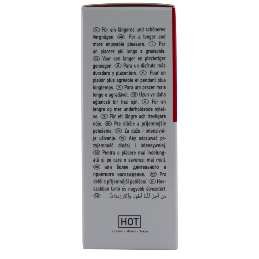 Tranche de la boite spray Rhino Long Power HOT, notice d'application multilingue numerotee, carton blanc et rouge, format 10 ml, vue verticale.