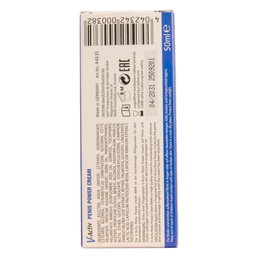 Dos de la boite creme V-Activ Penis Power Cream HOT, ingredients et code-barres sur carton bleu, format 50 ml, mentions legales, vue de face verticale.