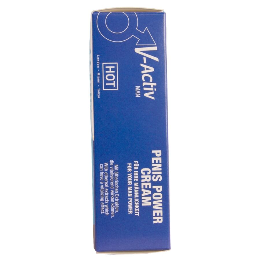 Tranche de la boite creme V-Activ HOT homme, logo masculin et notice sur carton bleu, format 50 ml, prise de vue verticale rapprochee sur fond blanc.