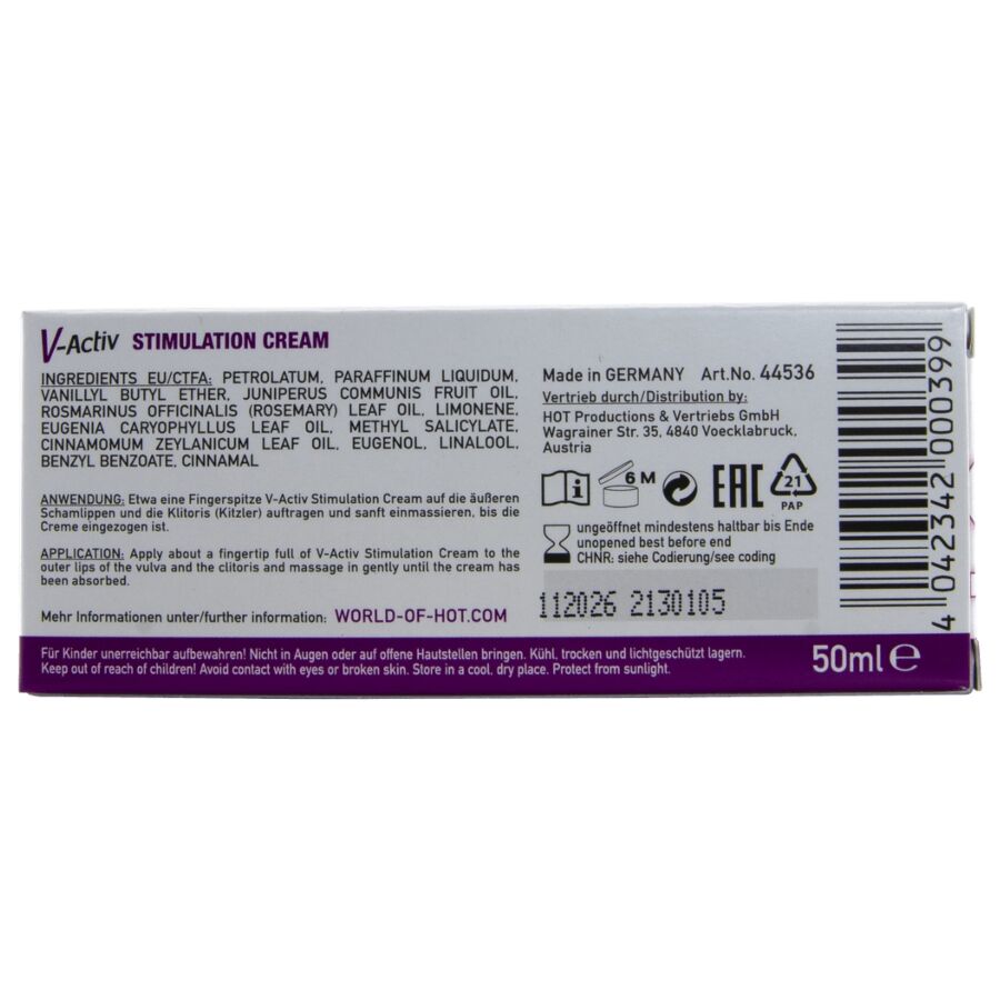 Cote de la boite creme V-Activ Woman HOT, ingredients et code-barres imprimes sur carton clair, format 50 ml, prise de vue horizontale sur fond blanc.