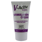 Tube gris de la creme stimulante V-Activ Woman Stimulation Cream HOT pour femme, format 50 ml, lettrage violet intense your climax, vue de face.