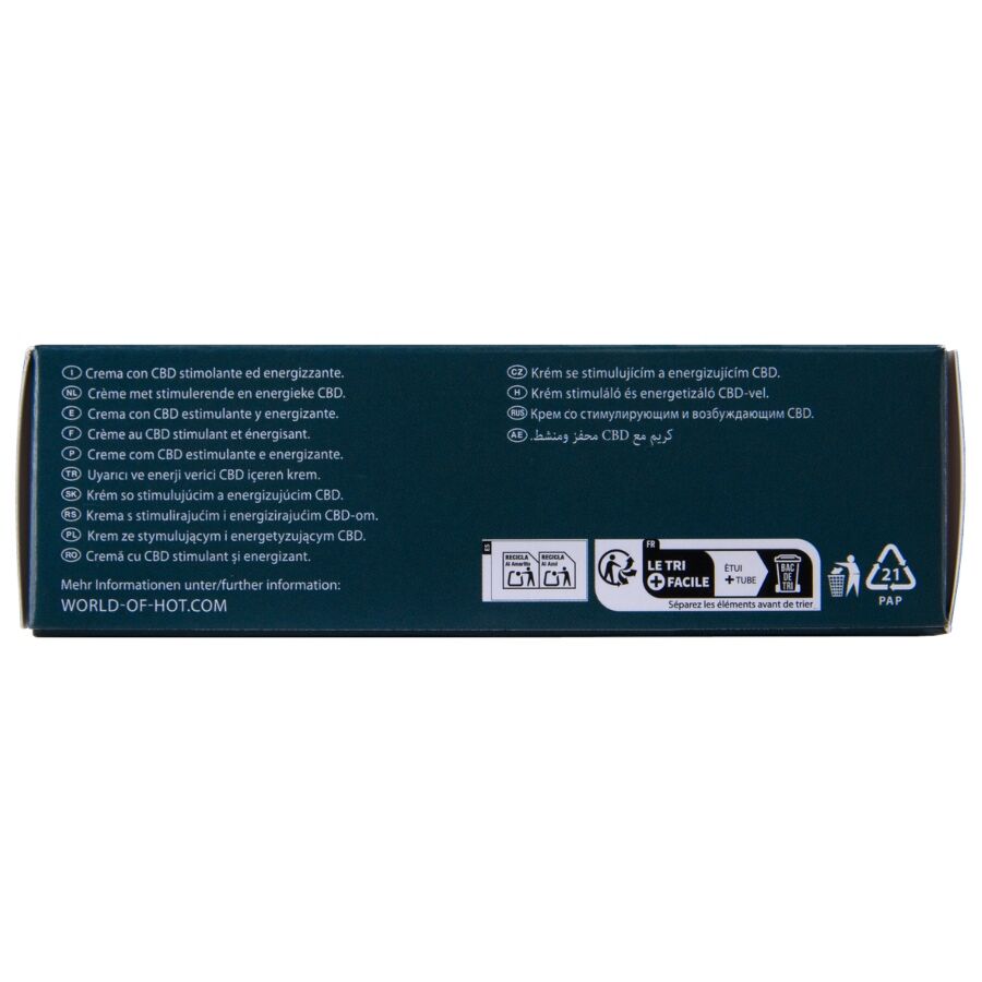 Dos de la boite creme V-Activ Masturbation Cream HOT, ingredients et notice multilingue sur carton sombre, format 50 ml, mentions legales, vue horizontale.