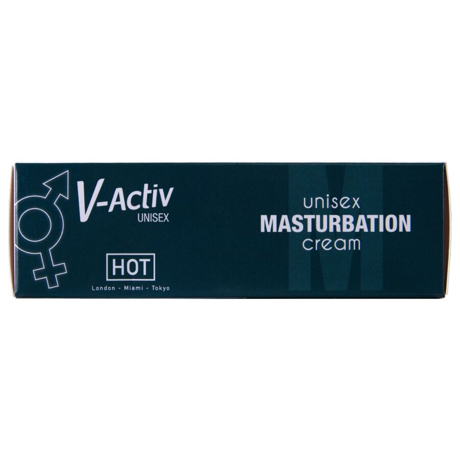 Tranche de la boite creme V-Activ Unisex Masturbation Cream HOT, symboles mixtes et logo HOT sur carton sombre, format 50 ml, vue verticale rapprochee.