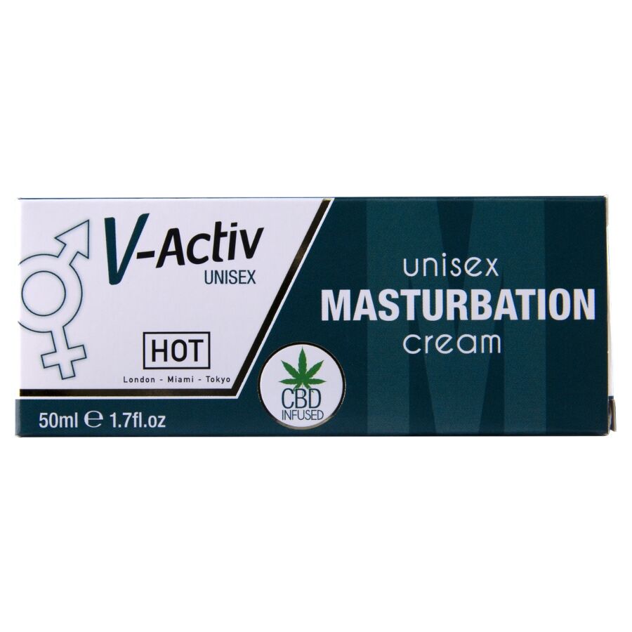 Boite de la creme de masturbation V-Activ Unisex au CBD HOT, format 50 ml, symboles masculin et feminin et logo V, vue de face verticale sur fond blanc.