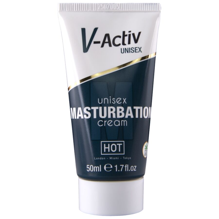 Tube fonce de la creme de masturbation V-Activ Unisex HOT au CBD, format 50 ml, lettrage blanc masturbation cream, vue de face sur fond blanc.