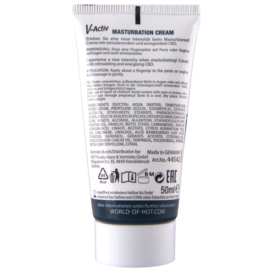 Dos du tube de creme V-Activ Masturbation Cream HOT, ingredients et notice imprimes en blanc, format 50 ml, embout blanc, prise de vue verticale rapprochee.