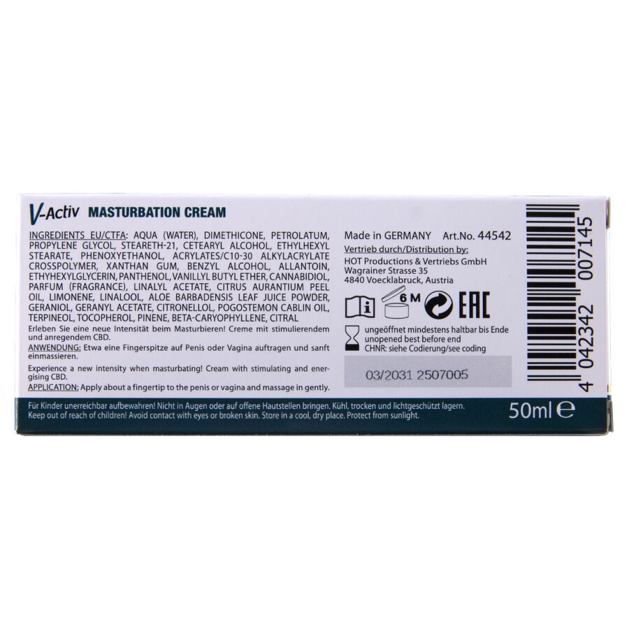 Cote de la boite creme V-Activ Masturbation Cream HOT, ingredients et code-barres imprimes sur carton clair, format 50 ml, vue horizontale sur fond blanc.