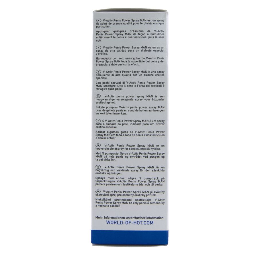 Tranche de la boite spray V-Activ Penis Power Spray HOT, notice d'application sur carton clair, format 50 ml, prise de vue verticale sur fond blanc.