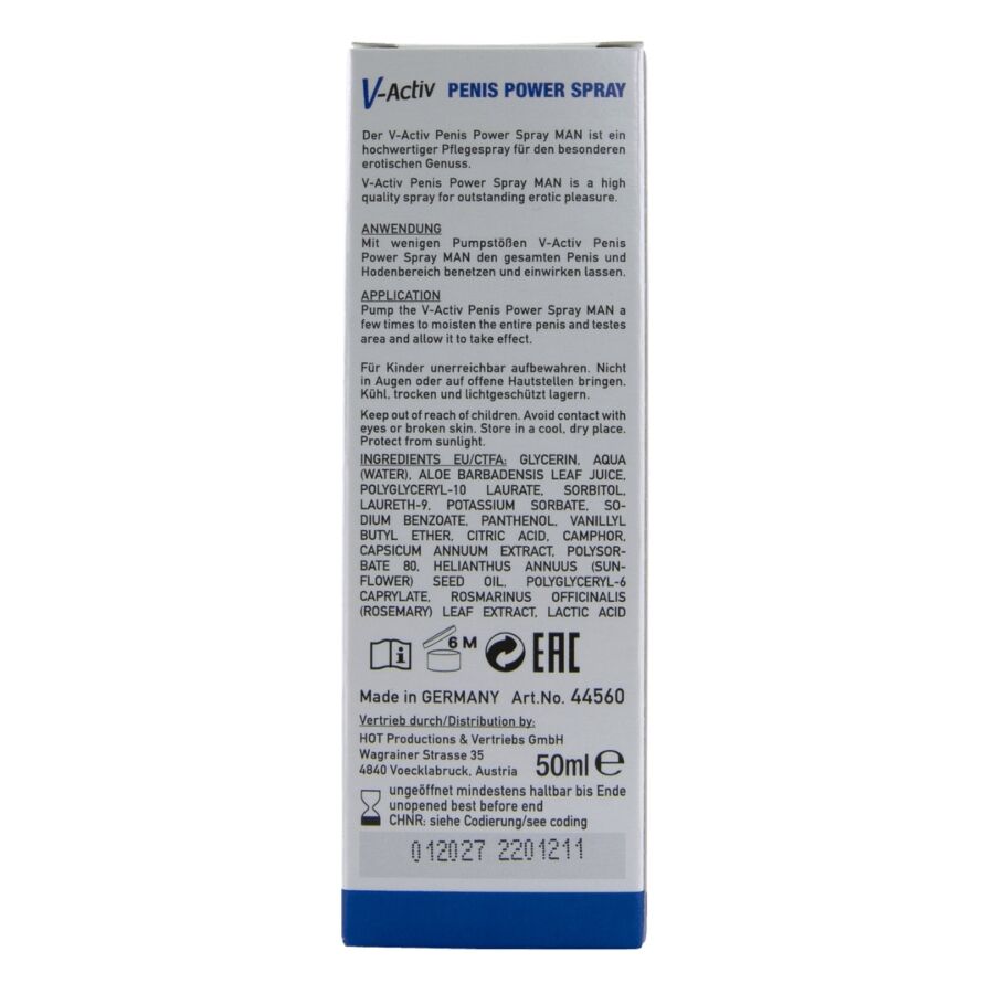 Dos de la boite spray V-Activ Man HOT, ingredients et notice multilingue sur carton clair, format 50 ml, mentions legales, vue de face verticale.