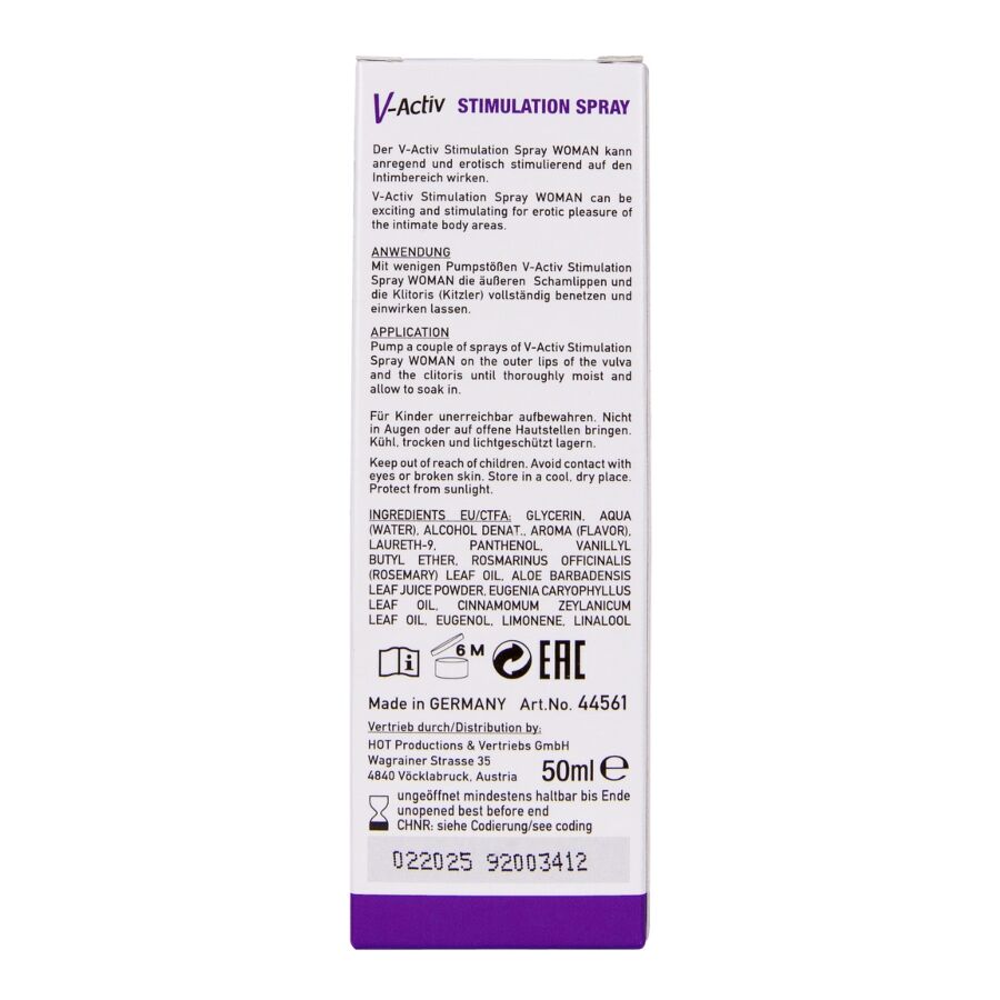 Face de l'etui V-Activ Stimulation Spray 50 ml HOT, logo et liste d'ingredients, packaging du spray stimulant intime pour femme made in Germany.