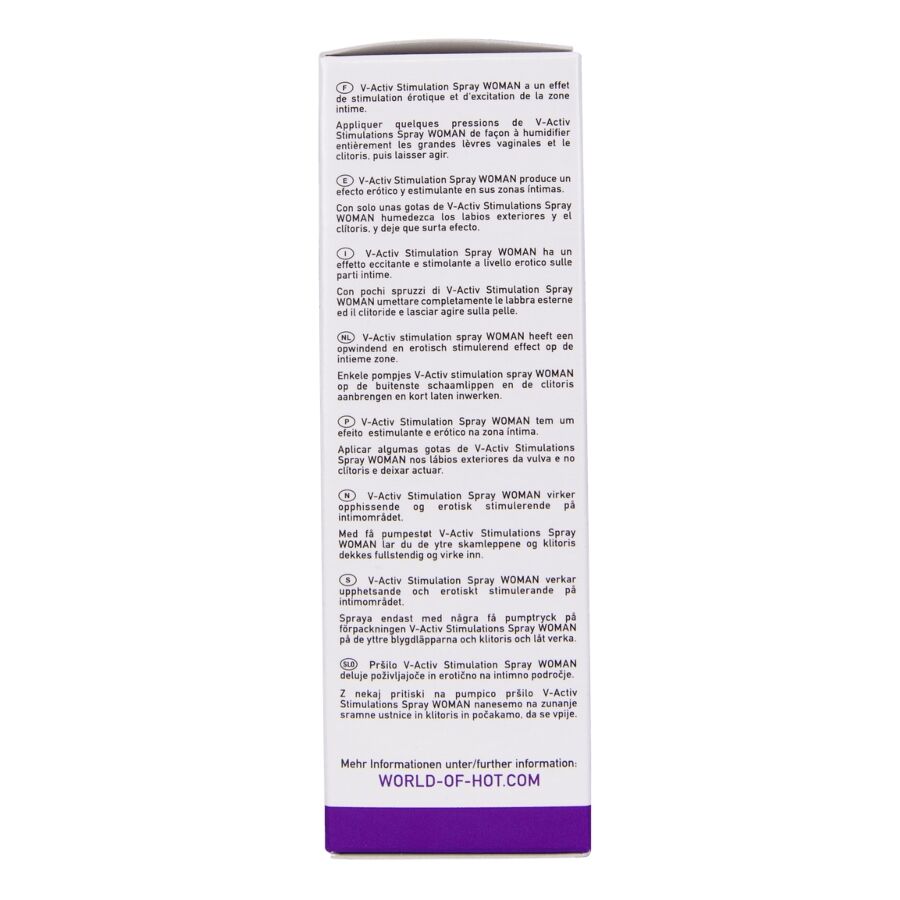 Profil de la boite V-Activ Stimulation Spray femme 50 ml, panneau lateral avec notice multilingue et bande violette, spray stimulant intime feminin.