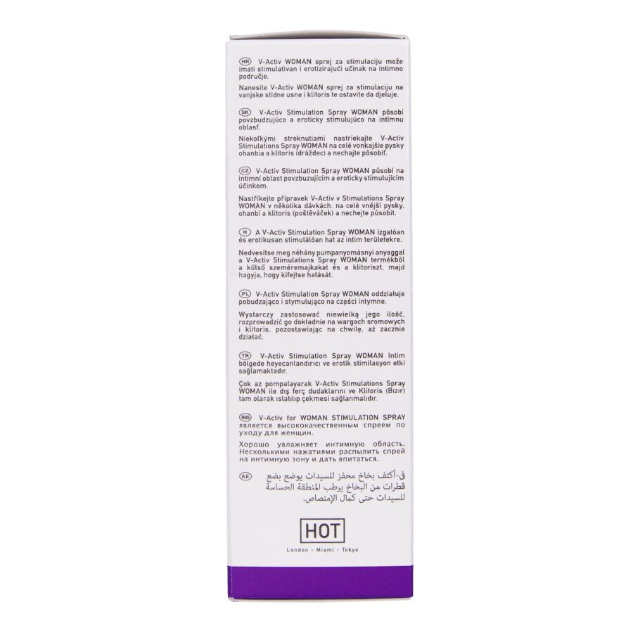 Dos de la boite V-Activ Stimulation Spray femme HOT, notice d'application detaillee et bande violette, emballage du stimulant intime feminin 50 ml.
