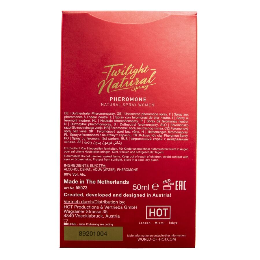 Dos de la boite rouge Twilight Natural Spray Women 50 ml, notice multilingue et ingredients, emballage du spray pheromones naturel pour femme.