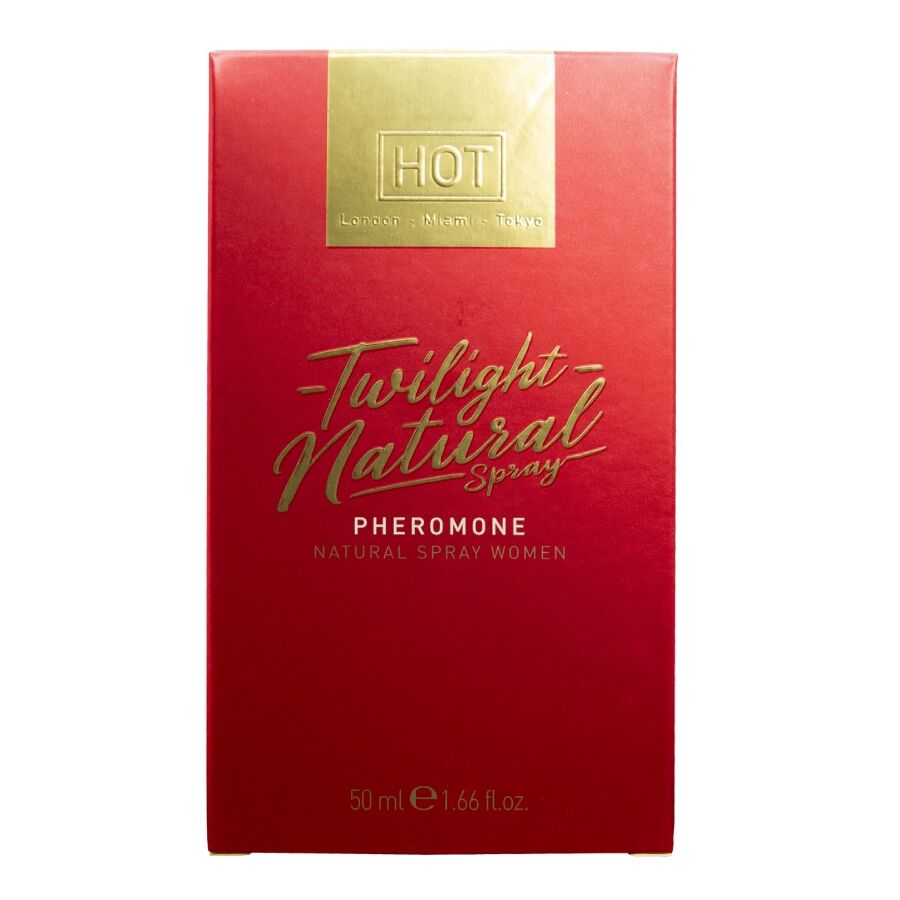 Etui rouge et dore Twilight Natural Spray Women HOT 50 ml, lettrage cursif et mention pheromone, packaging du spray pheromones pour femme.