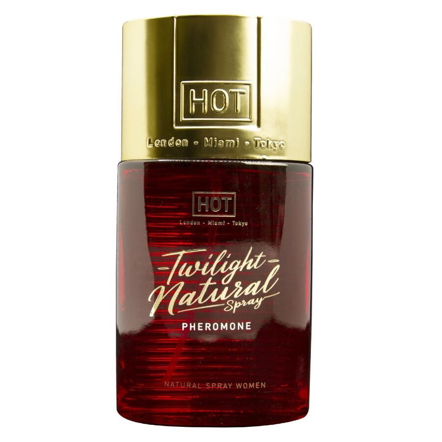 Flacon rouge Twilight Natural Spray Women 50 ml de face, bouchon dore et lettrage cursif, spray aux pheromones naturelles pour femme.