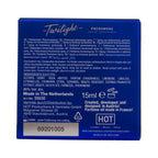 Dos de la boite Twilight Pheromone Men 15 ml, notice multilingue et liste d'ingredients, emballage du parfum homme aux pheromones format voyage.