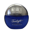 Flacon rond bleu Twilight Pheromone Men 15 ml de face, large bouchon argente bombe et logo HOT, parfum homme aux pheromones format voyage.