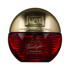 Flacon rond rouge Twilight Pheromone Women 15 ml de face, gros bouchon dore bombe et logo HOT, parfum femme aux pheromones format voyage.