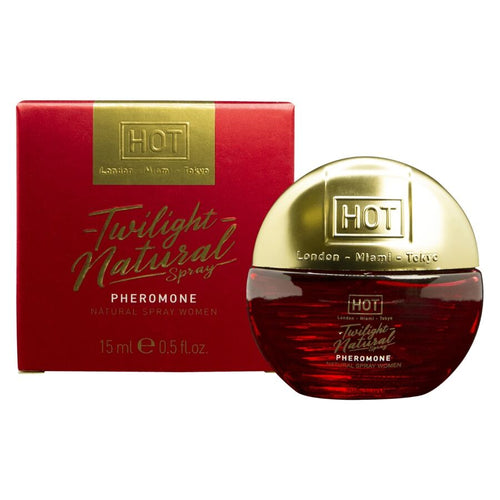 Coffret rouge Twilight Natural Spray Women HOT 15 ml avec flacon rond rouge a bouchon dore, spray aux pheromones naturelles format voyage.