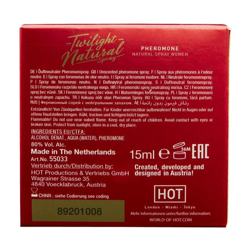 Dos de la boite rouge Twilight Natural Spray Women, notice multilingue et ingredients, emballage du spray pheromones naturel pour femme made in Netherlands.