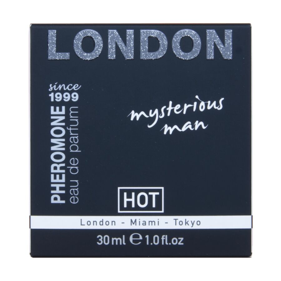 Etui du parfum aux pheromones London Mysterious Man 30 ml Hot, packaging bleu nuit pailliete mentionnant la gamme London Miami Tokyo, eau de parfum homme.
