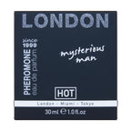 Etui du parfum aux pheromones London Mysterious Man 30 ml Hot, packaging bleu nuit pailliete mentionnant la gamme London Miami Tokyo, eau de parfum homme.