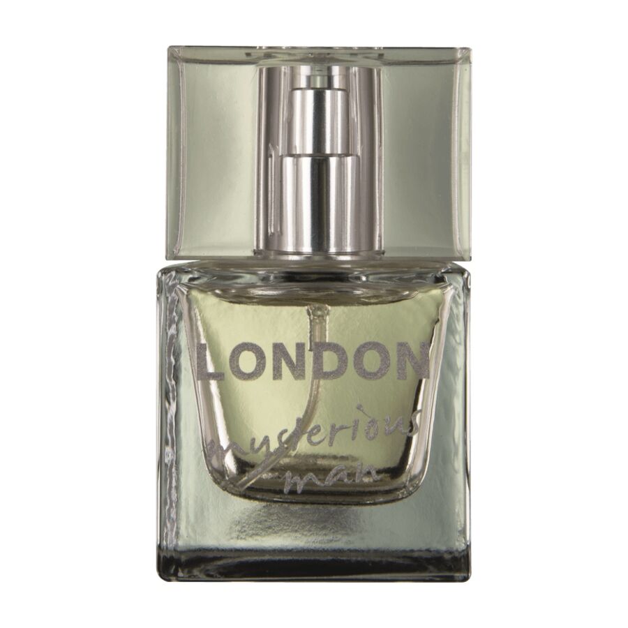 Gros plan du flacon de parfum London Mysterious Man 30 ml Hot aux pheromones, verre transparent et vaporisateur argent, fragrance masculine boisee et epicee.