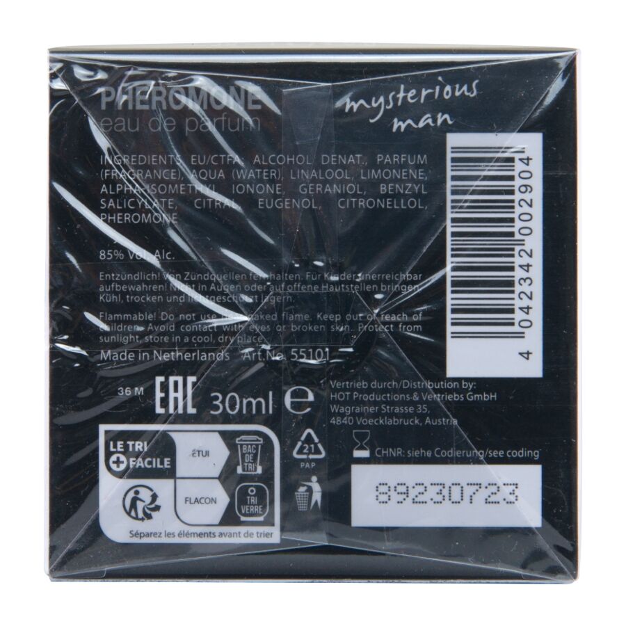 Boite filmee du parfum London Mysterious Man Hot vue de dos, liste d'ingredients, code-barres et mentions reglementaires de l'eau de parfum 30 ml.