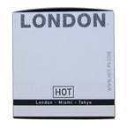 Cote de la boite London Mysterious Man Hot affichant l'adresse du site, parfum homme aux pheromones de 30 ml a l'accord boise et raffine.