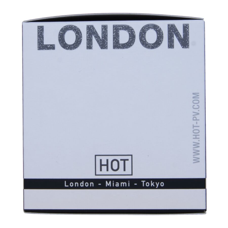 Cote de la boite London Mysterious Man Hot affichant l'adresse du site, parfum homme aux pheromones de 30 ml a l'accord boise et raffine.