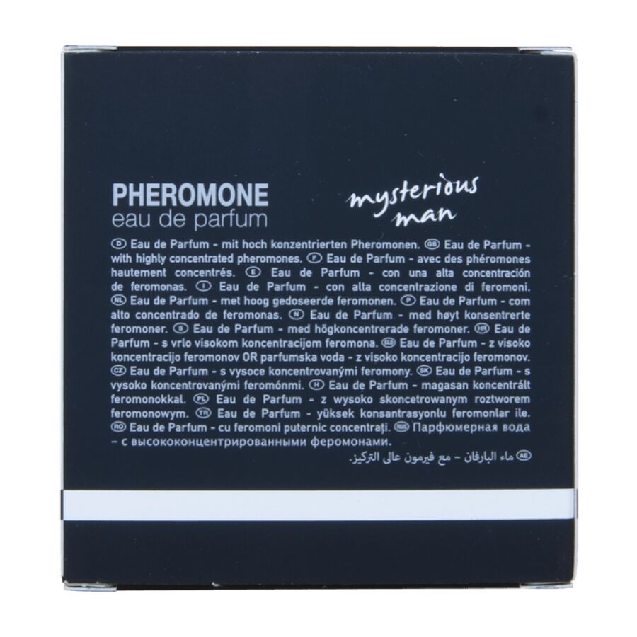 Verso de l'etui London Mysterious Man Hot avec notice multilingue sur les pheromones concentrees, eau de parfum masculine boisee de 30 ml.