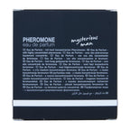 Verso de l'etui London Mysterious Man Hot avec notice multilingue sur les pheromones concentrees, eau de parfum masculine boisee de 30 ml.