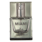 Gros plan du flacon Miami Spicy Man 30 ml Hot aux pheromones, verre ambre et vaporisateur argent, parfum homme energique et epice.