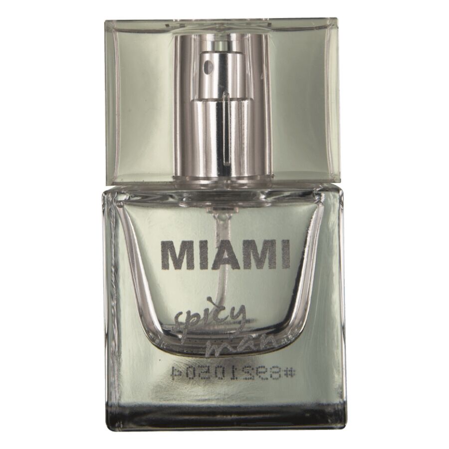 Gros plan du flacon Miami Spicy Man 30 ml Hot aux pheromones, verre ambre et vaporisateur argent, parfum homme energique et epice.