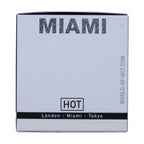 Etui bleu clair du parfum Miami Spicy Man 30 ml Hot aux pheromones, gamme London Miami Tokyo, eau de parfum masculine solaire.