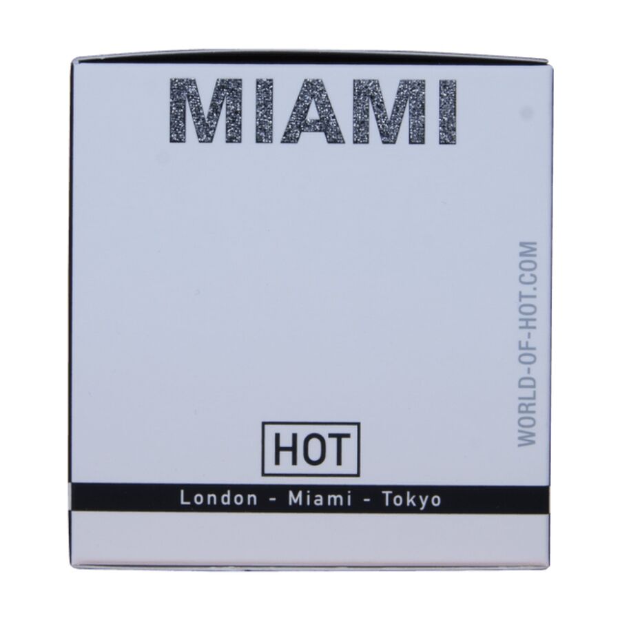Etui bleu clair du parfum Miami Spicy Man 30 ml Hot aux pheromones, gamme London Miami Tokyo, eau de parfum masculine solaire.